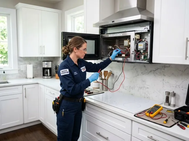 Appliance Repair Hero technician testing an over-the-range microwave in a Bellvue, CO kitchen
